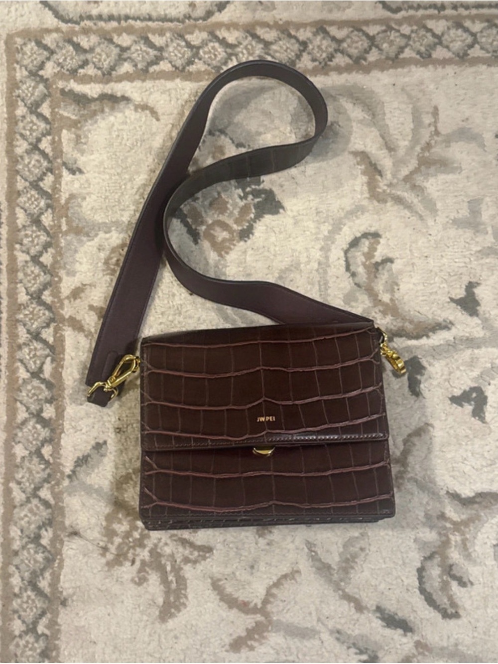 JW PEI Dark Brown Croc-Embossed Crossbody Bag with Gold Hardware